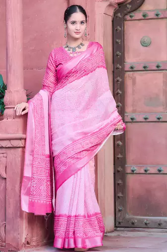 pink cotton blend saree with floral border print