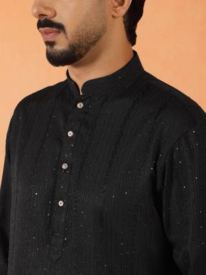 Cotton silk sequenced thread work black kurta 2