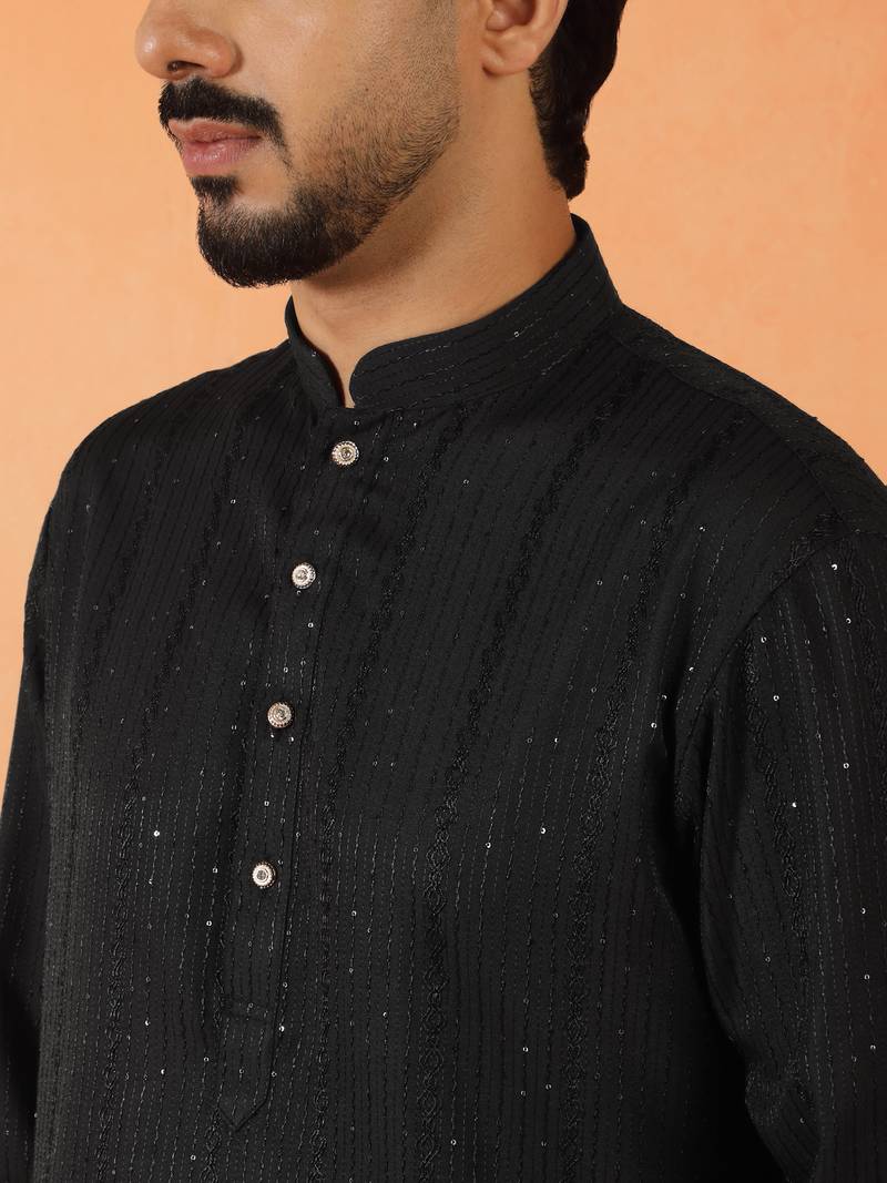 Cotton silk sequenced thread work black kurta