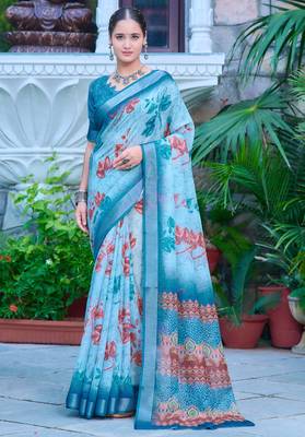 teal blue cotton blend saree floral print (sfcl516) 1