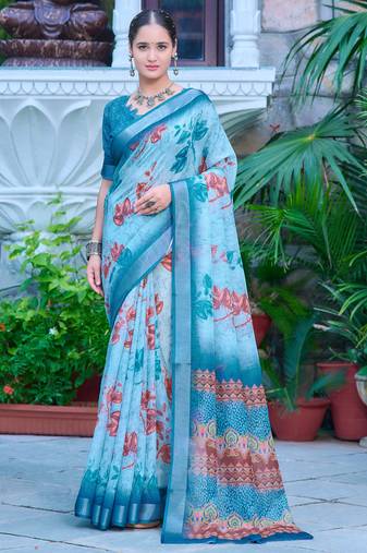 teal blue cotton blend saree floral print