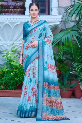 teal blue cotton blend saree floral print (sfcl516)