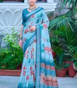 teal blue cotton blend saree floral print (sfcl516)