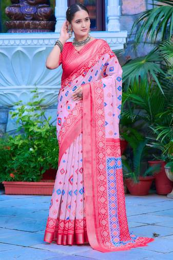 pink cotton blend saree floral border print