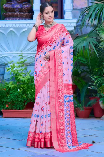 pink cotton blend saree floral border print