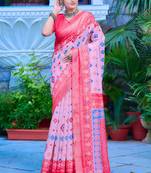 pink cotton blend saree floral border print