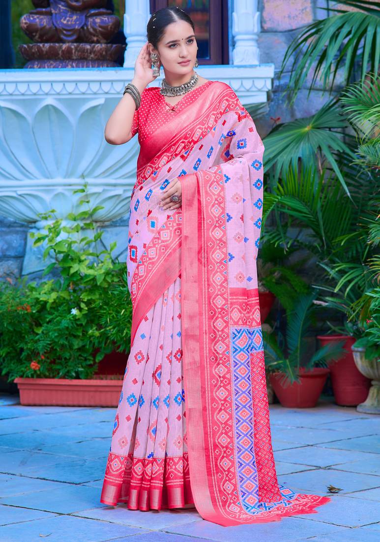 pink cotton blend saree floral border print