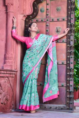 sea green pink cotton blend saree floral border print 3