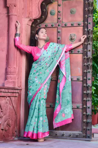 sea green pink cotton blend saree floral border print