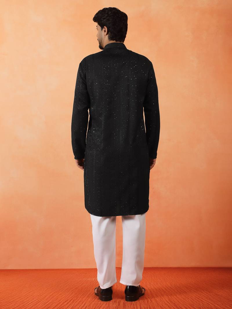 Cotton silk sequenced thread work black kurta