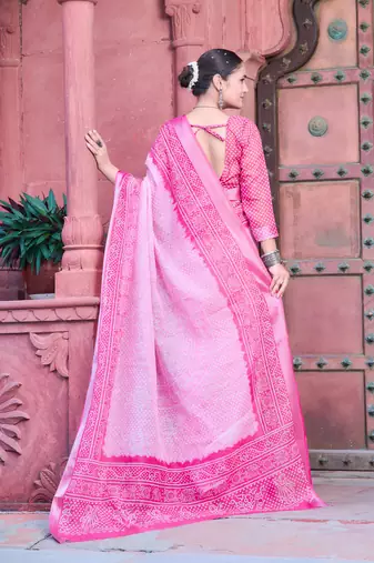 pink cotton blend saree with floral border print