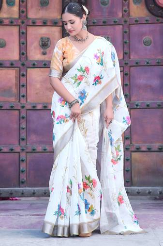 white cotton blend digital print saree (sfcl520)