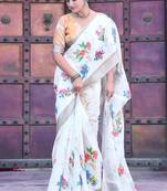 white cotton blend digital print saree (sfcl520)