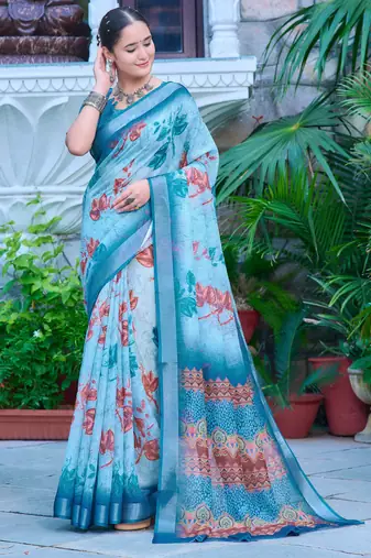 teal blue cotton blend saree floral print (sfcl516)