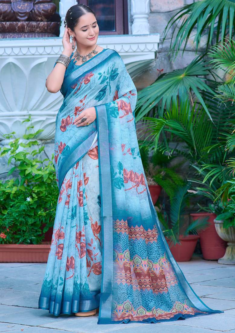 teal blue cotton blend saree floral print (sfcl516)