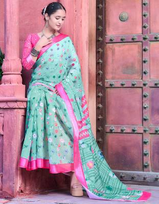 sea green pink cotton blend saree floral border print 4