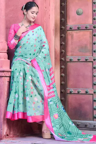 sea green pink cotton blend saree floral border print