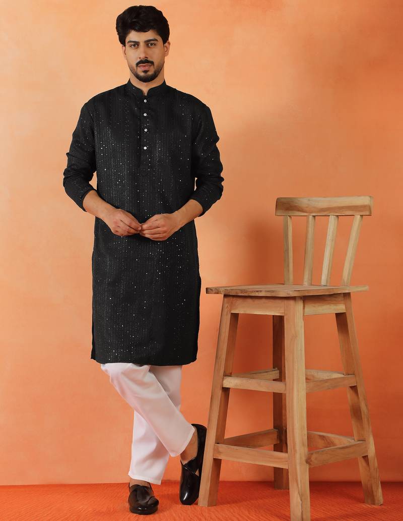 Cotton silk sequenced thread work black kurta