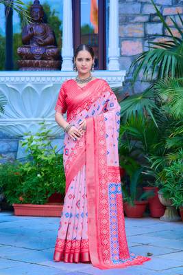 pink cotton blend saree floral border print 2