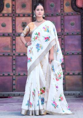 white cotton blend digital print saree (sfcl520) 2
