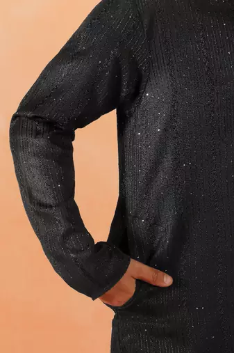 Cotton silk sequenced thread work black kurta