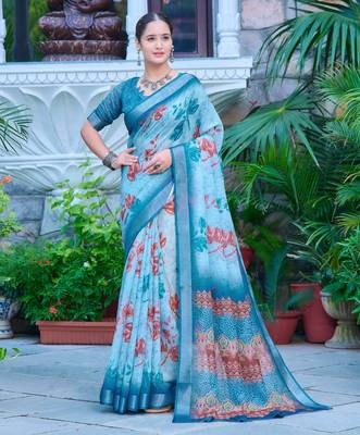 teal blue cotton blend saree floral print (sfcl516) 3