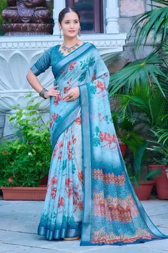 teal blue cotton blend saree floral print (sfcl516)
