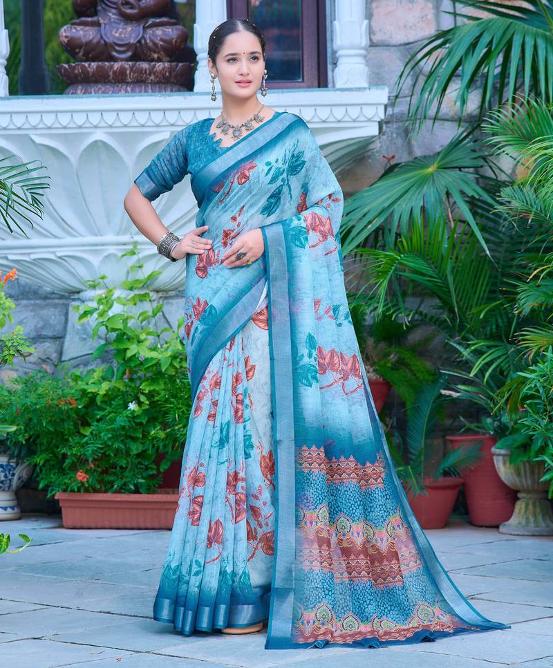 teal blue cotton blend saree floral print (sfcl516)