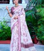 white purple cotton blend digital print saree