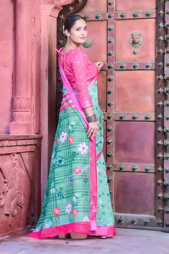 sea green pink cotton blend saree floral border print