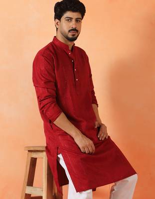 Cotton silk sequenced thread work maroon kurta 1