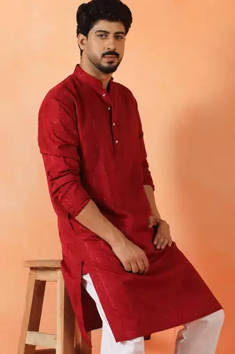 Cotton silk sequenced thread work maroon kurta