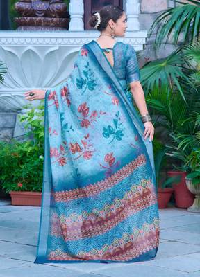teal blue cotton blend saree floral print (sfcl516) 4