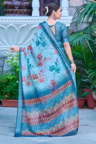 teal blue cotton blend saree floral print (sfcl516)
