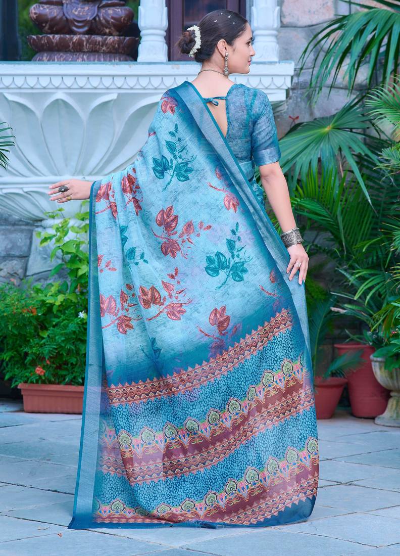 teal blue cotton blend saree floral print (sfcl516)