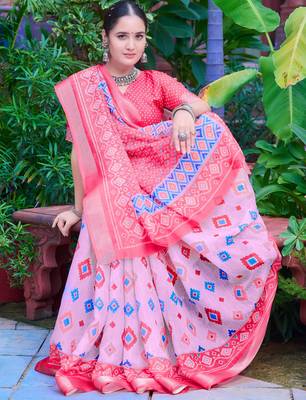 pink cotton blend saree floral border print 3