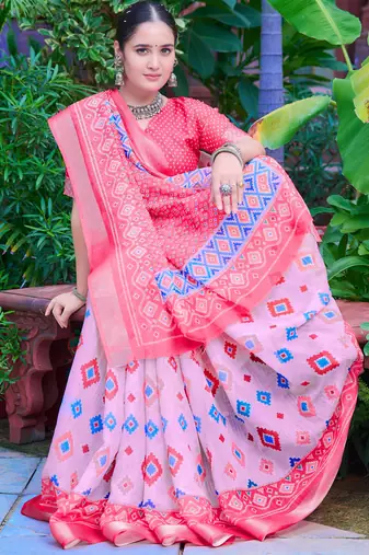pink cotton blend saree floral border print
