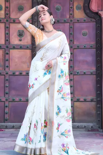 white cotton blend digital print saree