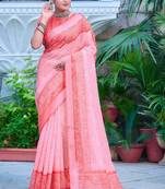 coral pink cotton blend saree with floral border print