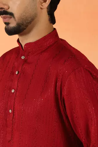 Cotton silk sequenced thread work maroon kurta