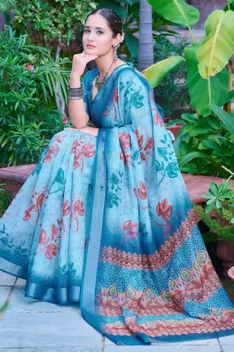 teal blue cotton blend saree floral print (sfcl516)