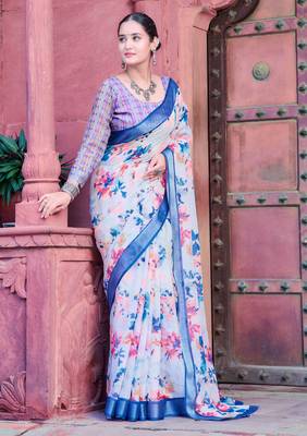 white blue cotton blend saree with floral border print 1