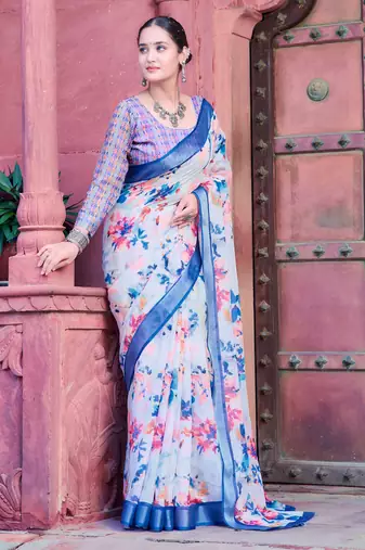 white blue cotton blend saree with floral border print