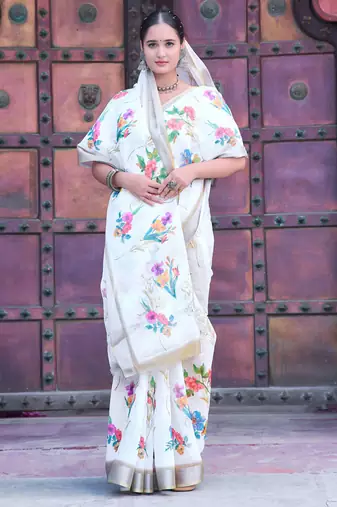 white cotton blend digital print saree