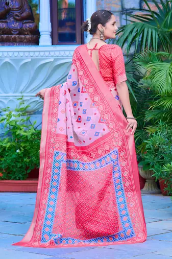 pink cotton blend saree floral border print