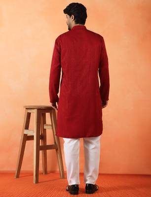 Cotton silk sequenced thread work maroon kurta 3