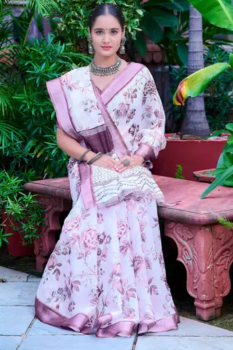 white purple cotton blend digital print saree