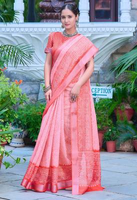 coral pink cotton blend saree with floral border print 2
