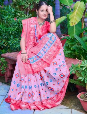 pink cotton blend saree floral border print 5