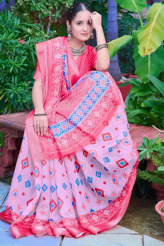 pink cotton blend saree floral border print